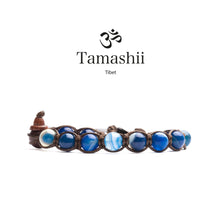 Carica l'immagine nel visualizzatore di Gallery, Bracciale portafortuna unisex lunghezza regolabile realizzato a mano dai monaci tibetani con pietra naturale agata blu striata