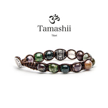 Carica l'immagine nel visualizzatore di Gallery, Bracciale portafortuna unisex lunghezza regolabile realizzato a mano dai monaci tibetani con ruota della preghiera in argento e pietra naturale di agata muschiata