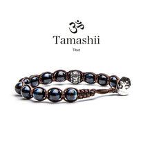 Carica l'immagine nel visualizzatore di Gallery, Bracciale portafortuna unisex lunghezza regolabile realizzato a mano dai monaci tibetani con ruota della preghiera in argento e pietra naturale di quarzo occhio di falco