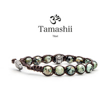 Carica l'immagine nel visualizzatore di Gallery, Bracciale portafortuna unisex lunghezza regolabile realizzato a mano dai monaci tibetani con ruota della preghiera in argento e pietra naturale di turchese africano