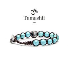 Carica l'immagine nel visualizzatore di Gallery, Bracciale portafortuna unisex lunghezza regolabile realizzato a mano dai monaci tibetani con ruota della preghiera in argento e pietra naturale turchese