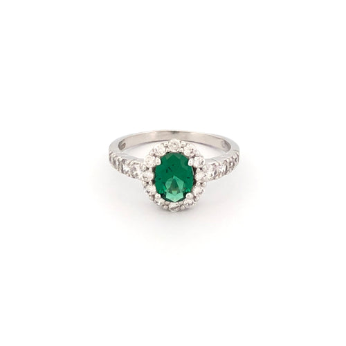 anello in argento con smeraldo sintetico giro di zirconi e gambo con pietre di zirconi