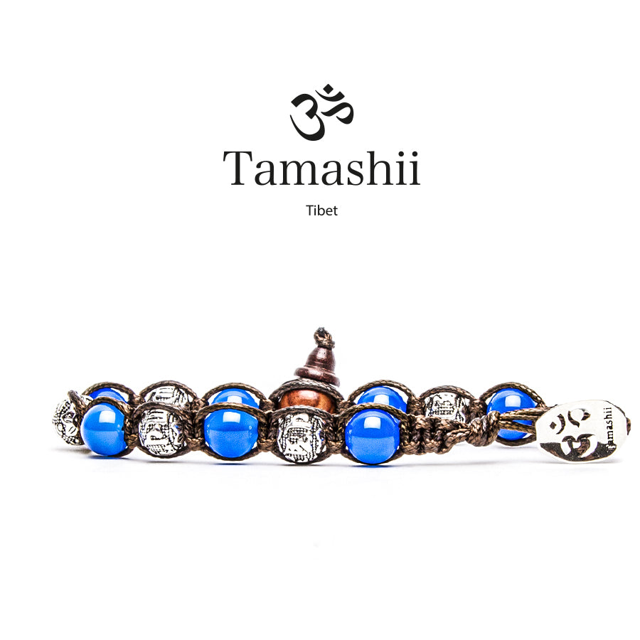 Bracciale portafortuna unisex lunghezza regolabile realizzato a mano dai monaci tibetani con 5 ruote della preghiera in argento e pietra naturale di agata blu